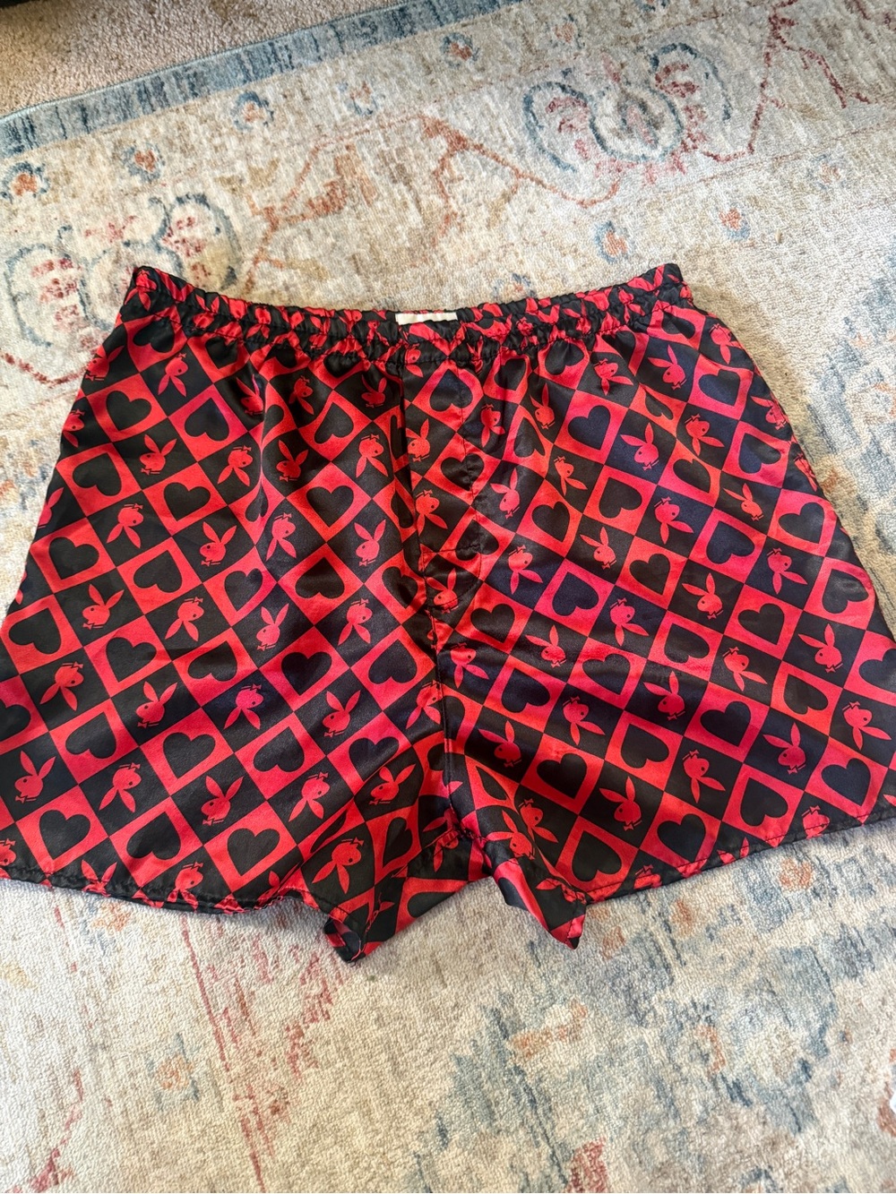 PLAYBOY Black and Red Satin Boxer Shorts with Bunny & Heart Print